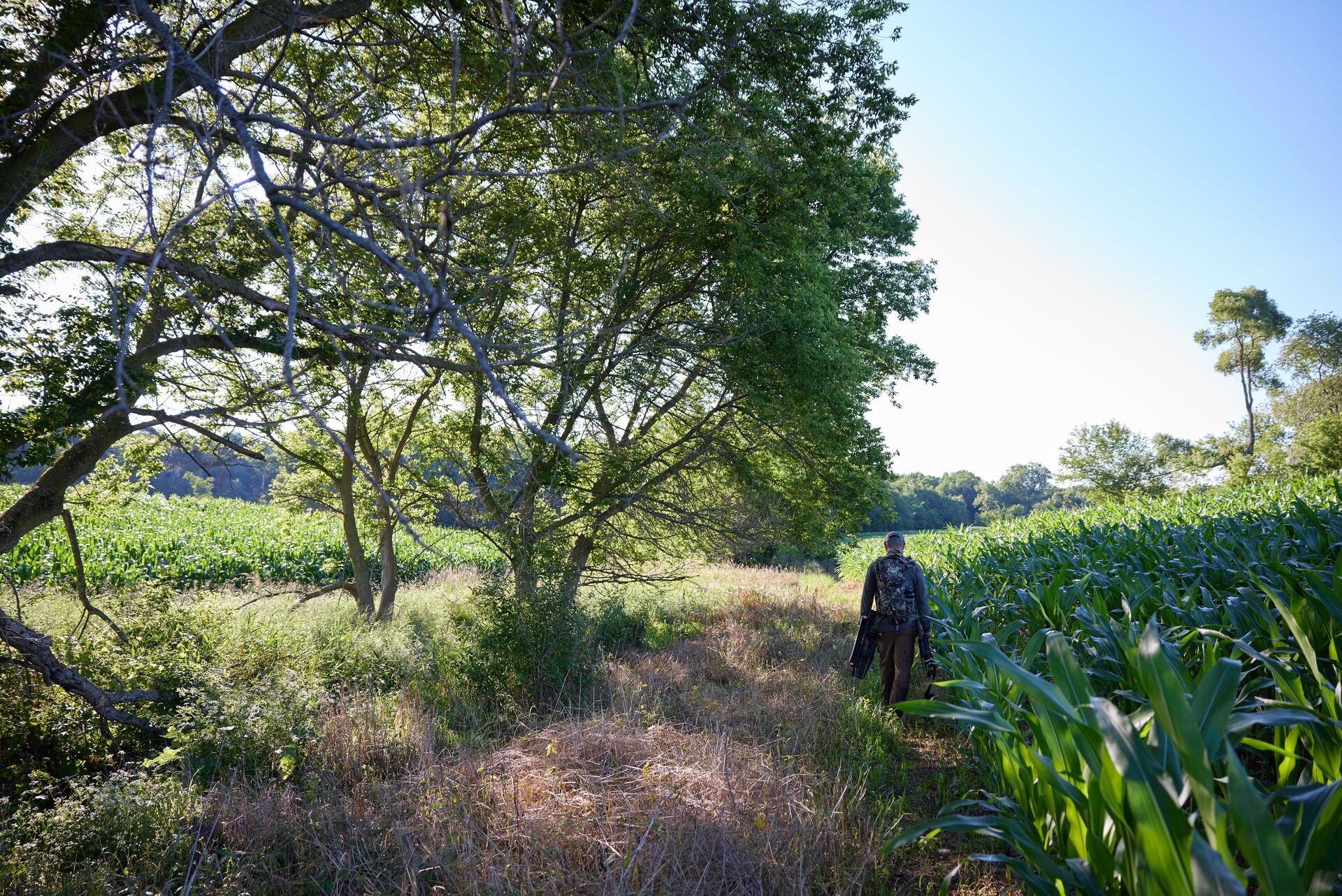 A hunter carries a tree stand and bow, prepare for archery season in PA concept. 