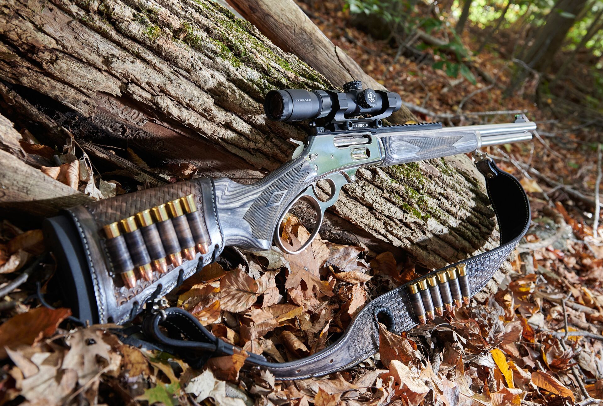 Close-up of a lever action rifle for hunting, lever-action vs. bolt-action rifle concept. 