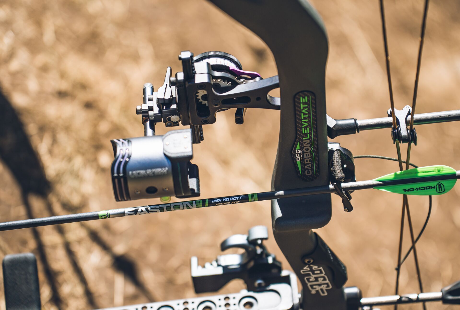 Close-up of a compound bow. 