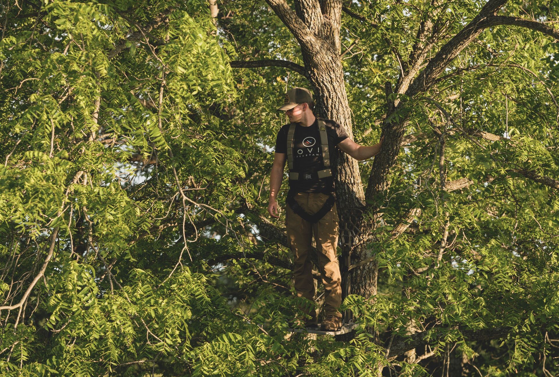 A hunter in a tree stand, hang on treestand vs climber concept. 