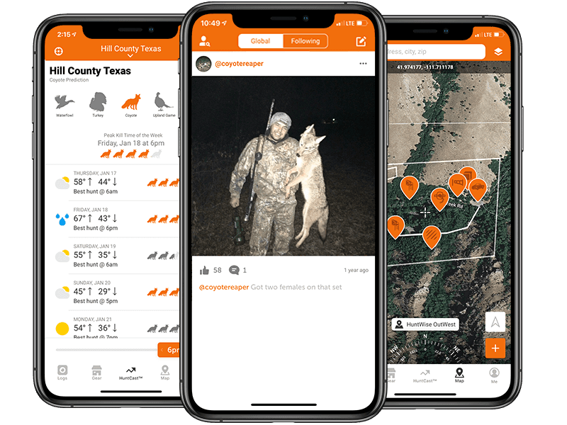 Close-up of HuntWise app screenshots for coyote hunting. 