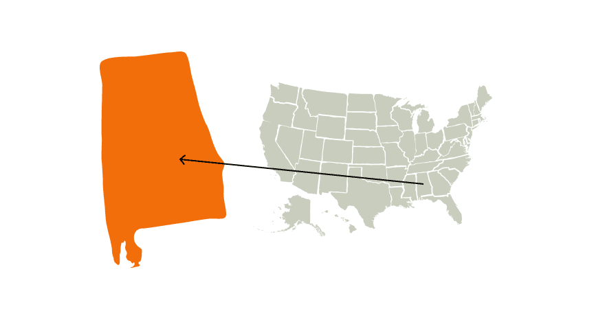 Graphic map of the United States highlighting Alabama, Alabama hunting concept.