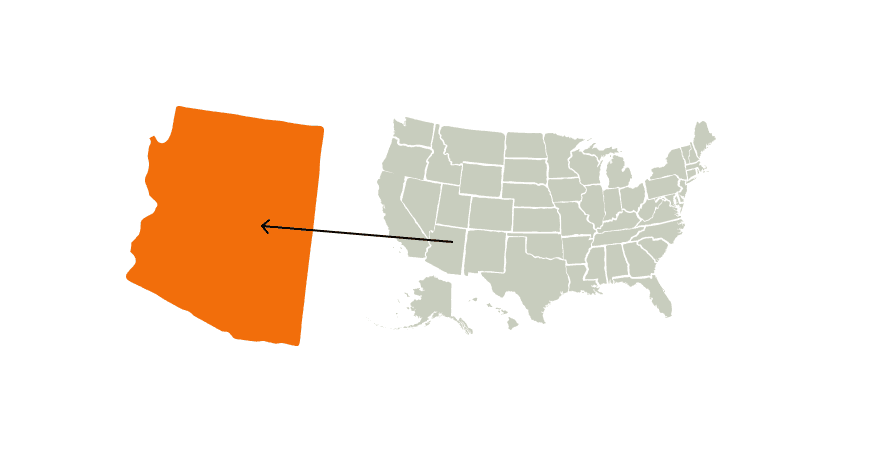 A graphic of the United States highlighting Arizona, Arizona hunting concept. 