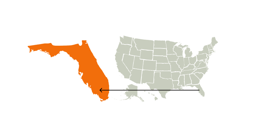 Map graphic of the United States highlighting Florida, Florida hunting concept. 