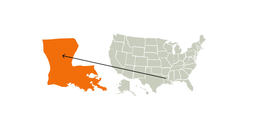 Map of the United States highlighting Louisiana, Louisiana hunting seasons 2024 concept. 