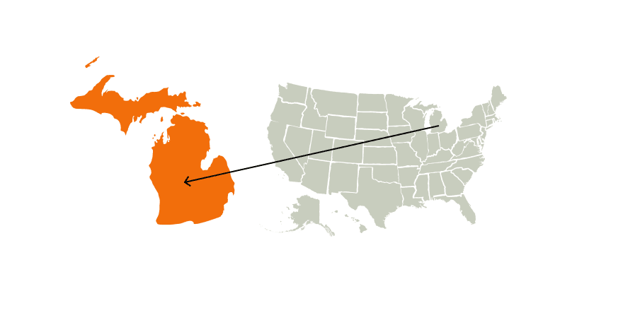 A map of the United States highlighting the state of Michigan, Michigan hunting concept.