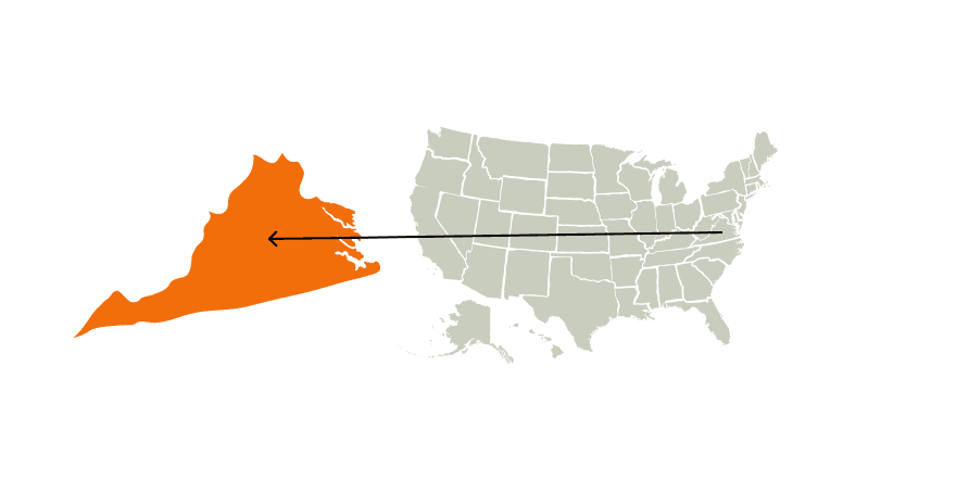 A map of the United States highlighting Virginia, Virginia hunting seasons concept.