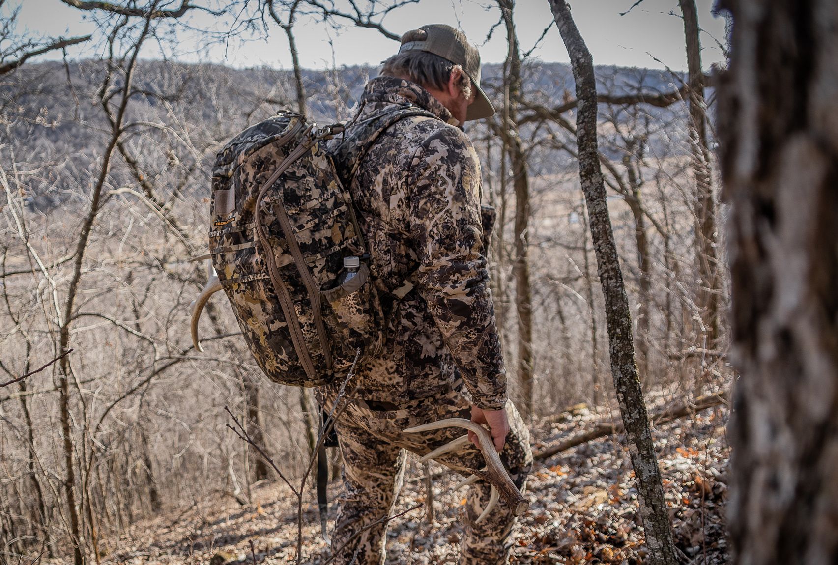 A hunter carrying whitetail antlers in the woods, how to call bucks during the rut concept. 