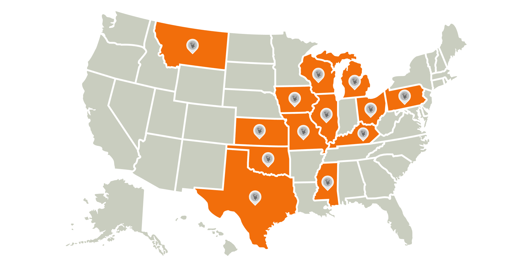 An illustration of the U.S. highlighting the best deer hunting states. 