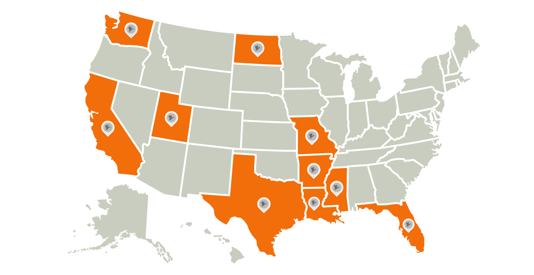 Map of the U.S. highting the best states for duck hunting. 