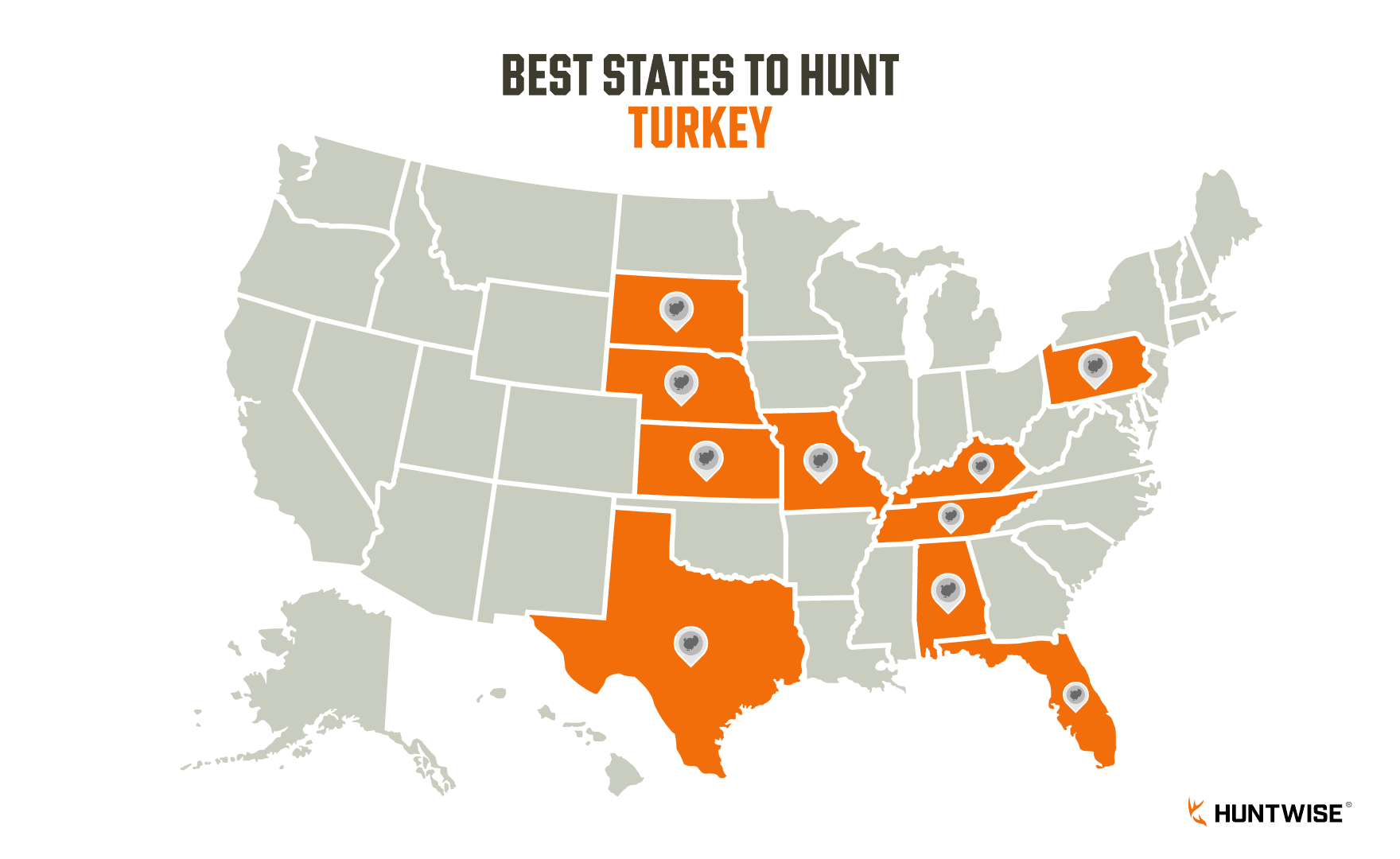 A map of the U.S. highlighting the best turkey hunting states. 