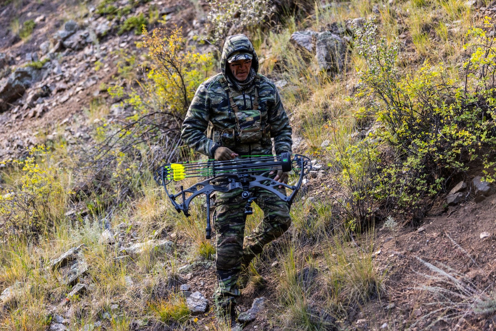 Hunter in camo with bow and arrows walks terrain. 