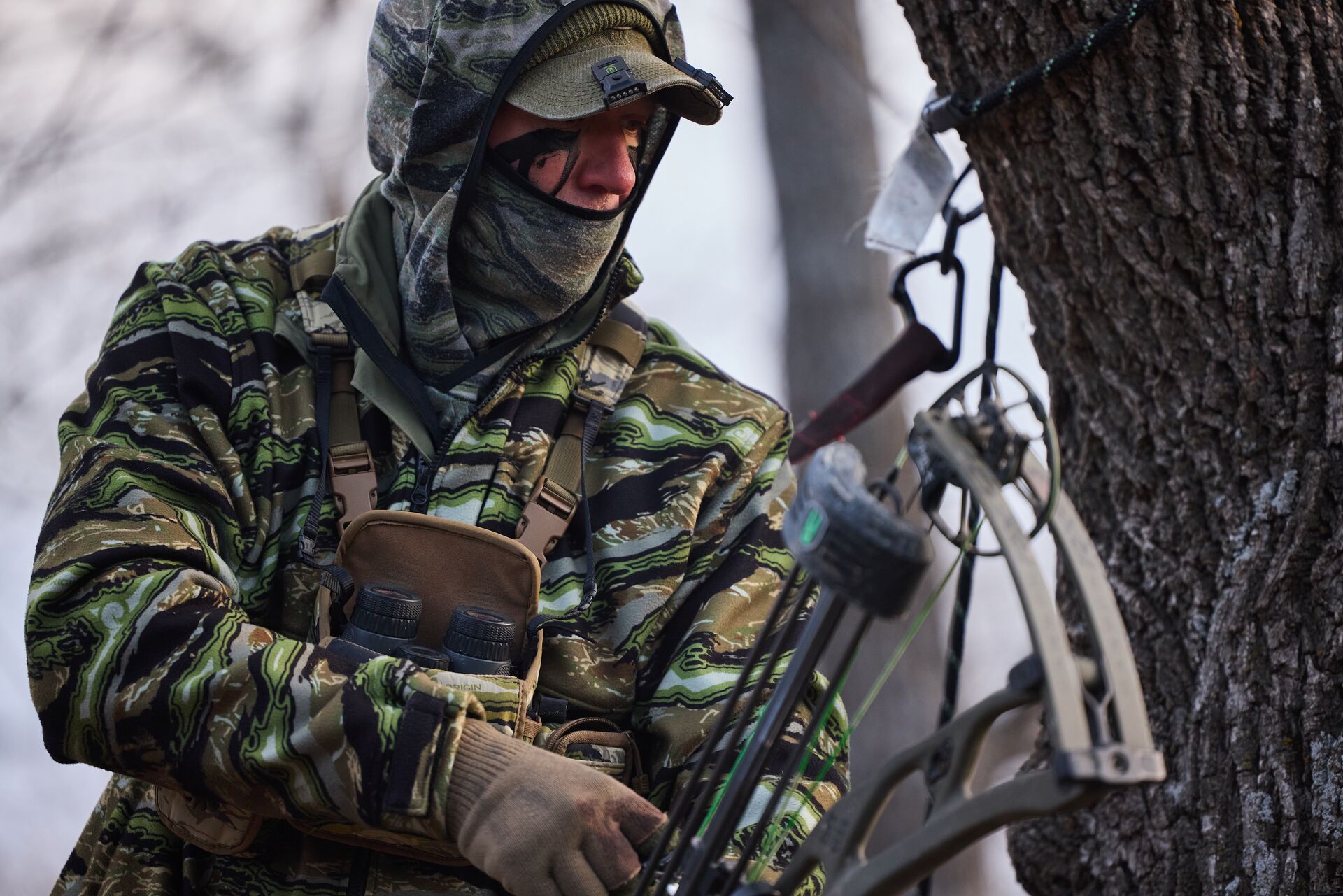 Hunter John Dudley in camo with bow near tree, bow hunting elk concept. 