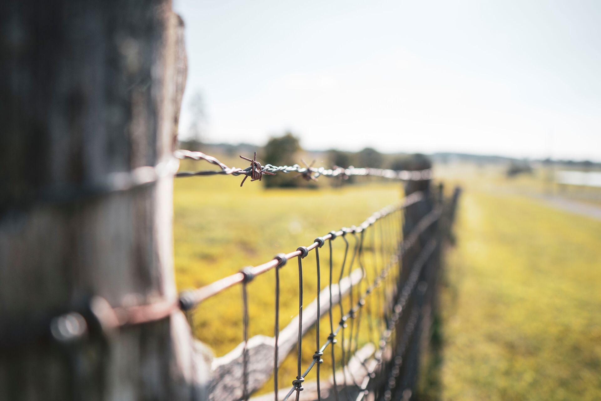 Close-up of a wire fence line, property line app for hunting concept. 