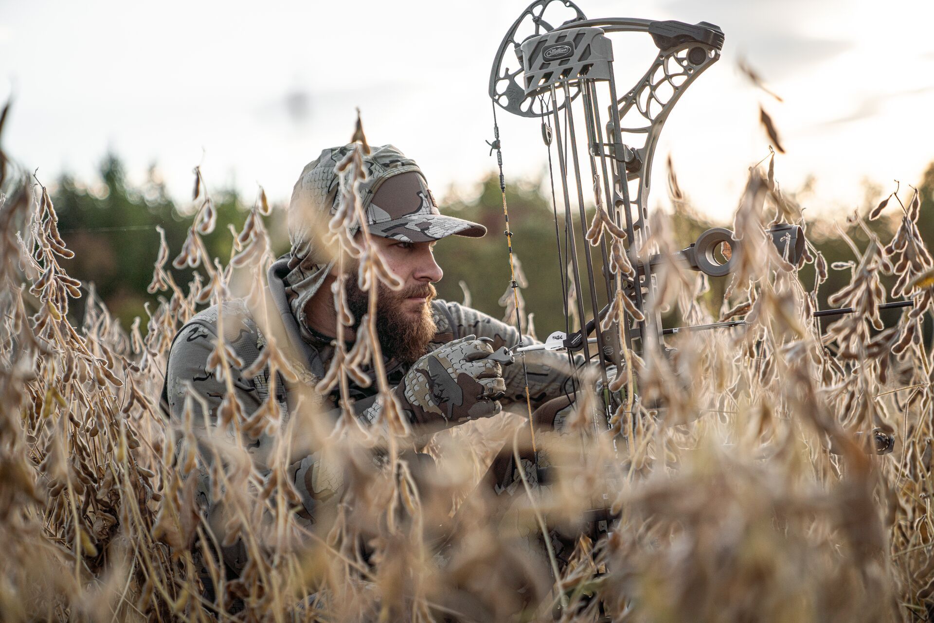 Hunter crouches in tall brush with bow. 
