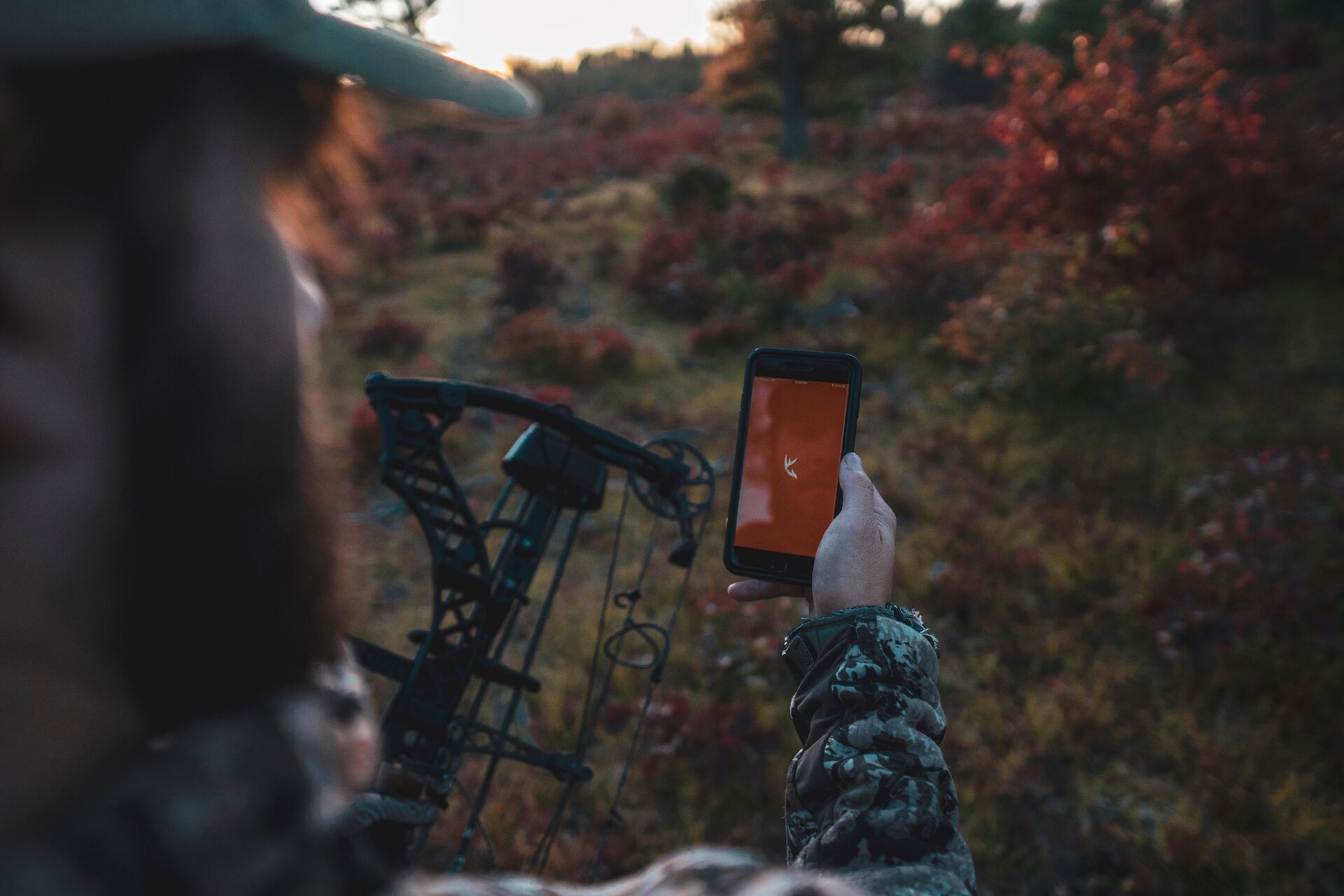 Hunter with bow using HuntWise on phone. 