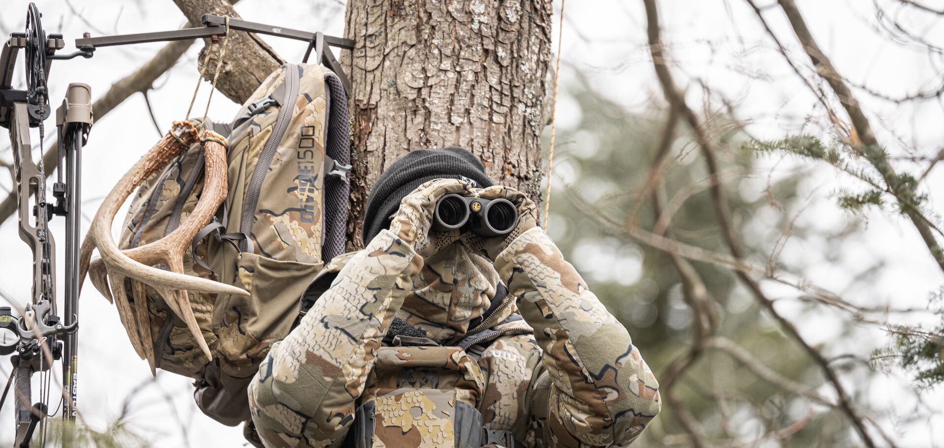 Hunter in tree with gear hanging nearby using binoculars, the best time to hunt concept.