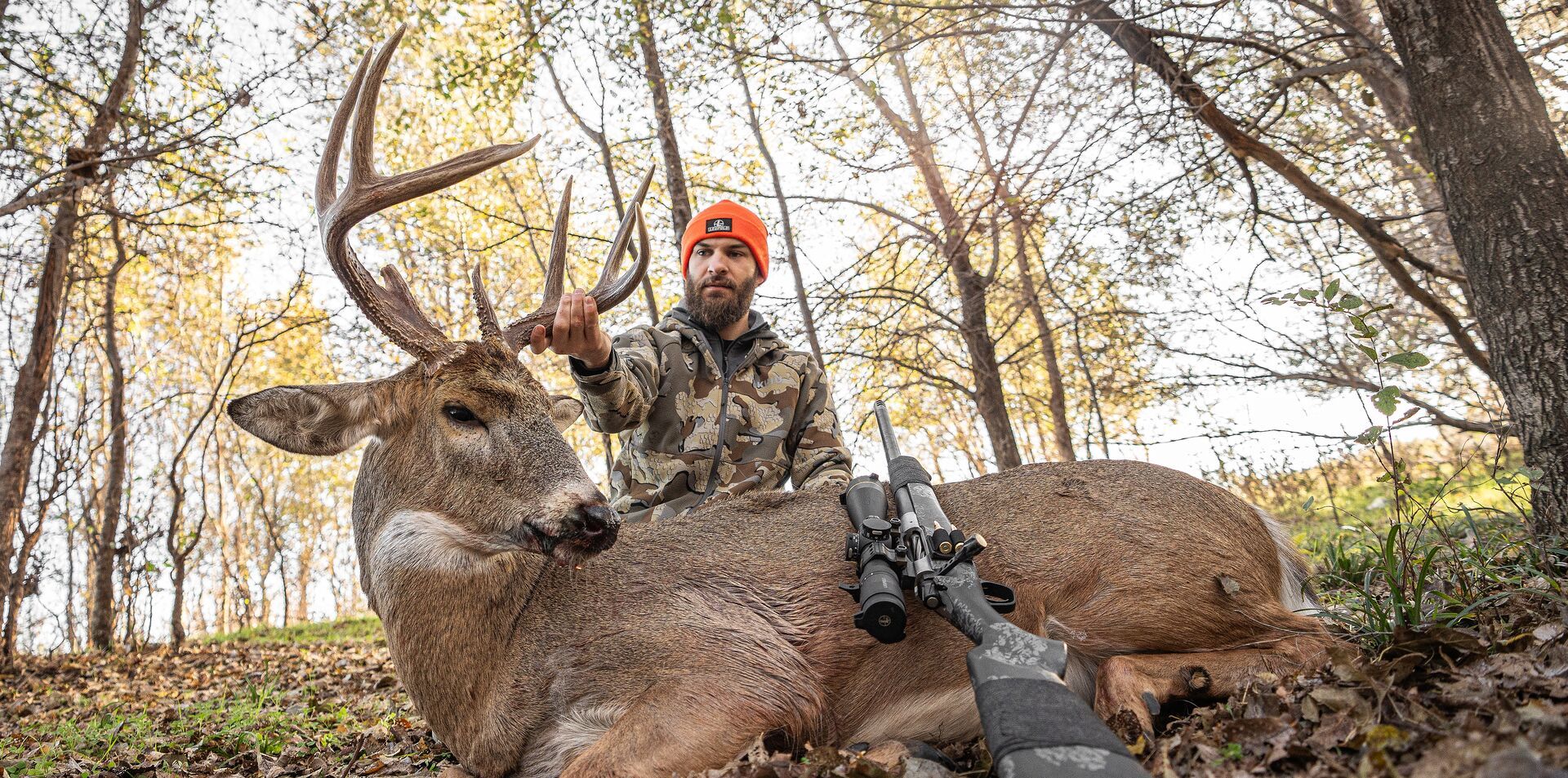 Hunter with rifle and buck deer after hunt. 