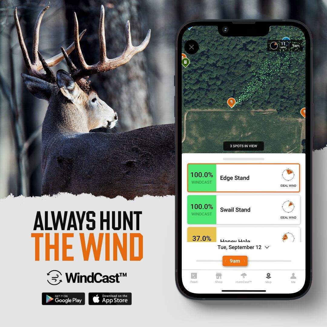 Graphic showing the HuntWise app and WindCast on phone screen with deer in background.