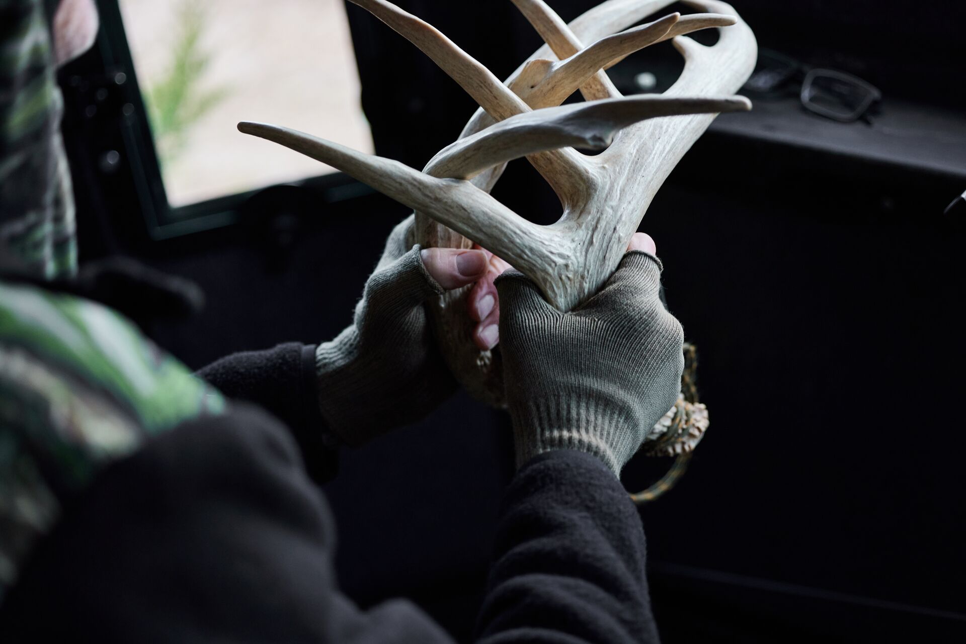 A hunter rattlers deer antlers while in a blind, best deer calls concept. 
