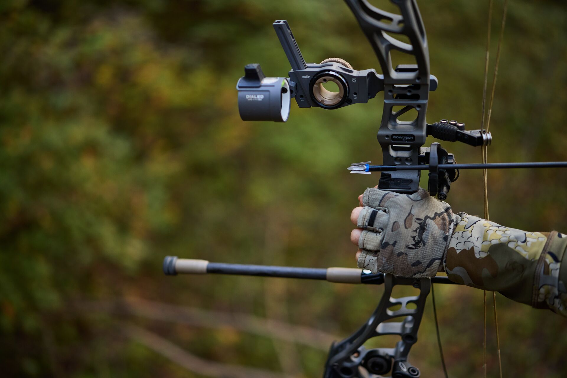 Close-up of a bow in hunter's hands, bow care after the season concept. 