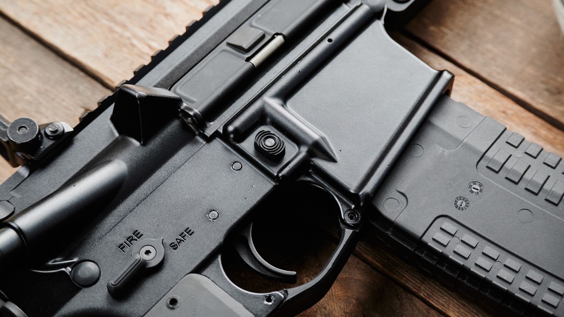 Close-up of a firearm trigger. 