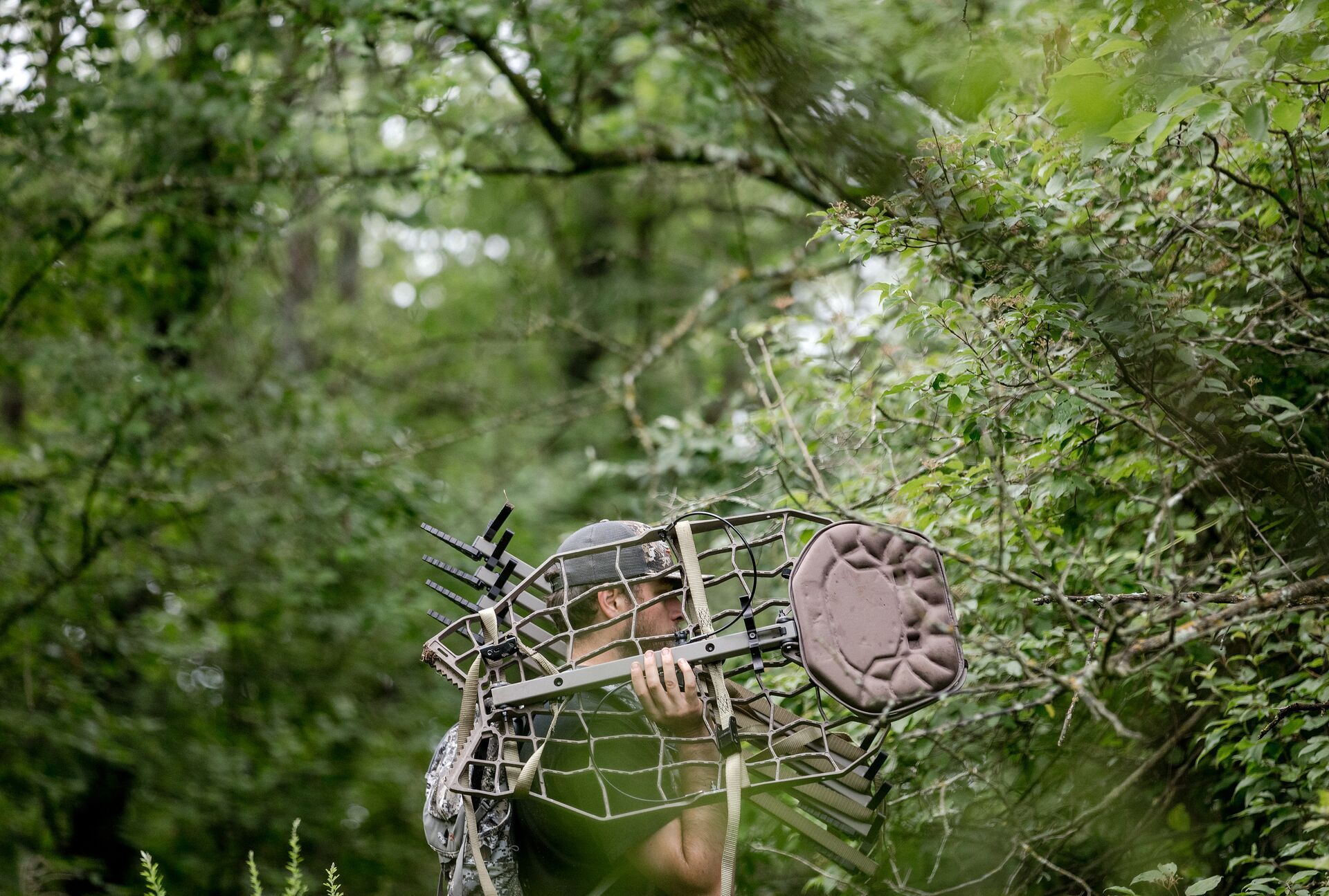 Hunter carries tree stand platform, where to put treestand concept. 