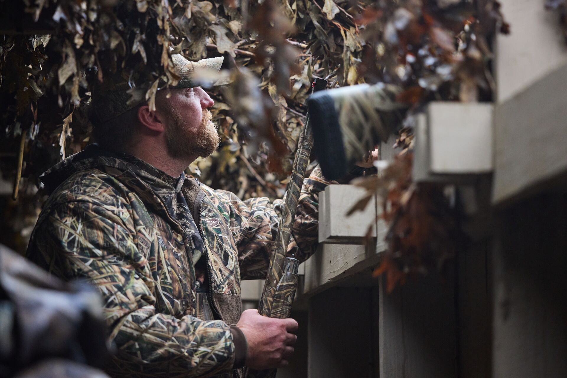 Hunter in camo with shotgun in a duck blind watches the sky.