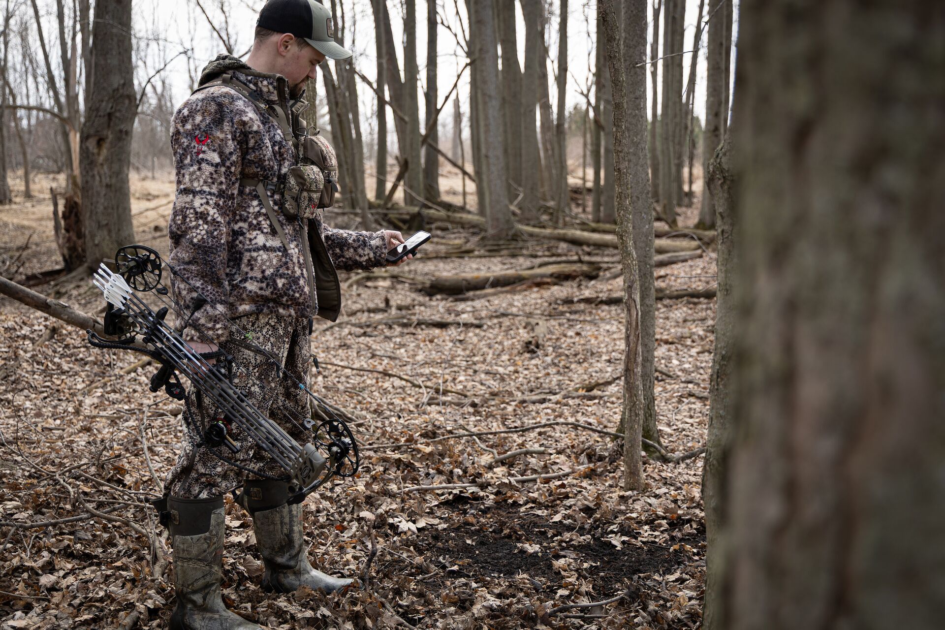 Hunter in the woods with a bow uses a phone, HuntWise mapping concept. 