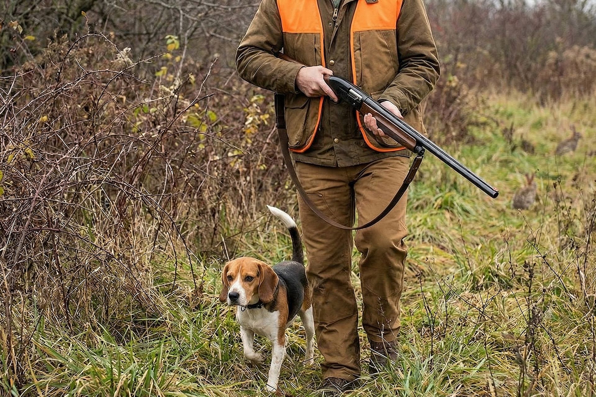 Hunter with firearm and beagle in the brush, rabbit hunting gear concept. 