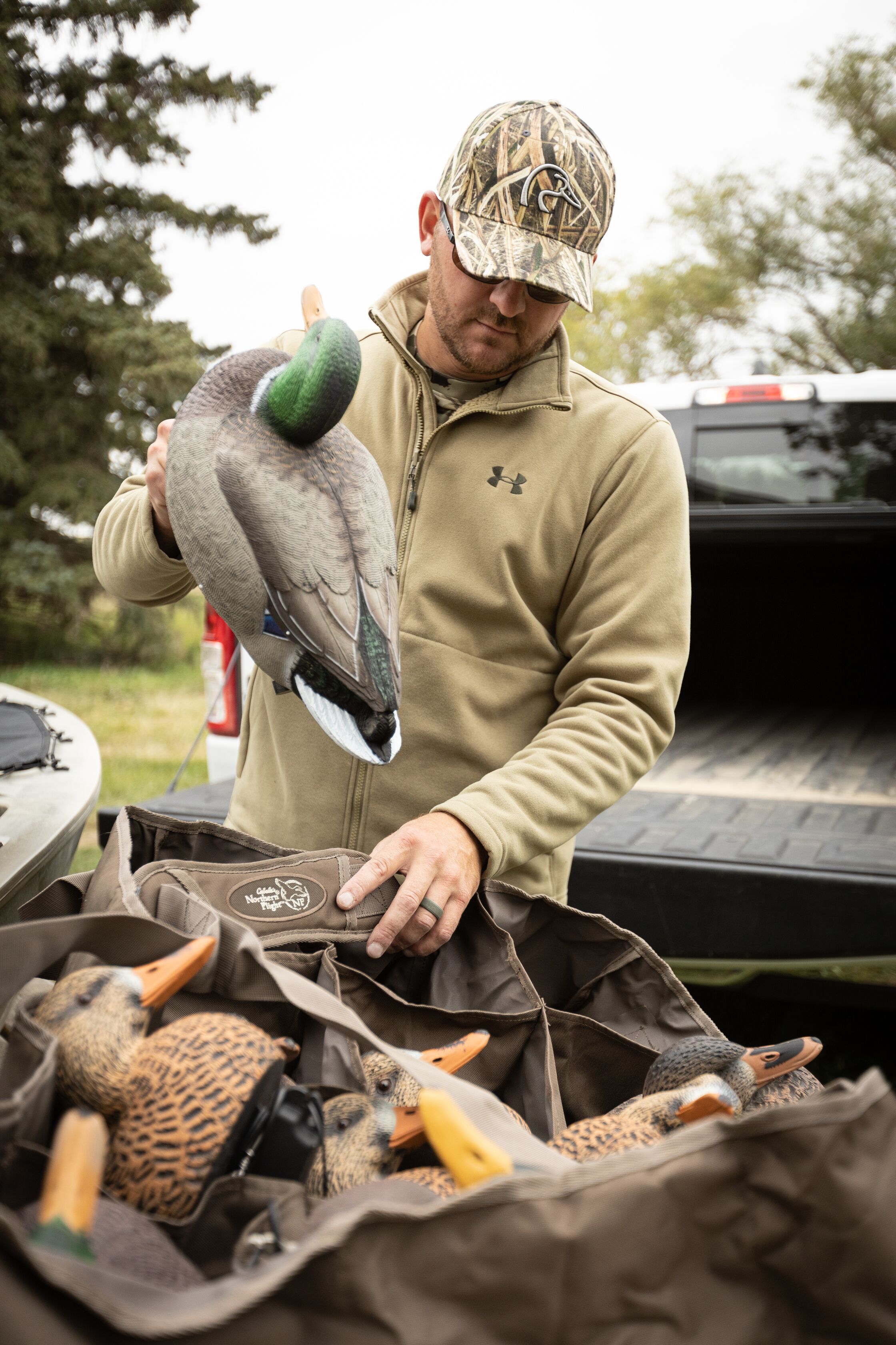 Hunter with duck decoys in back of truck, how to set up duck decoys concept.