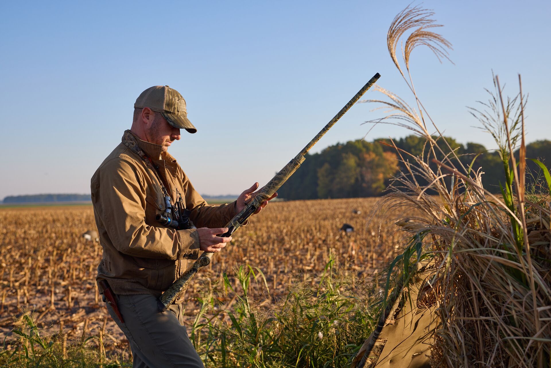 Hunter in field with shotgun for upland birds, types of shotguns concept. 