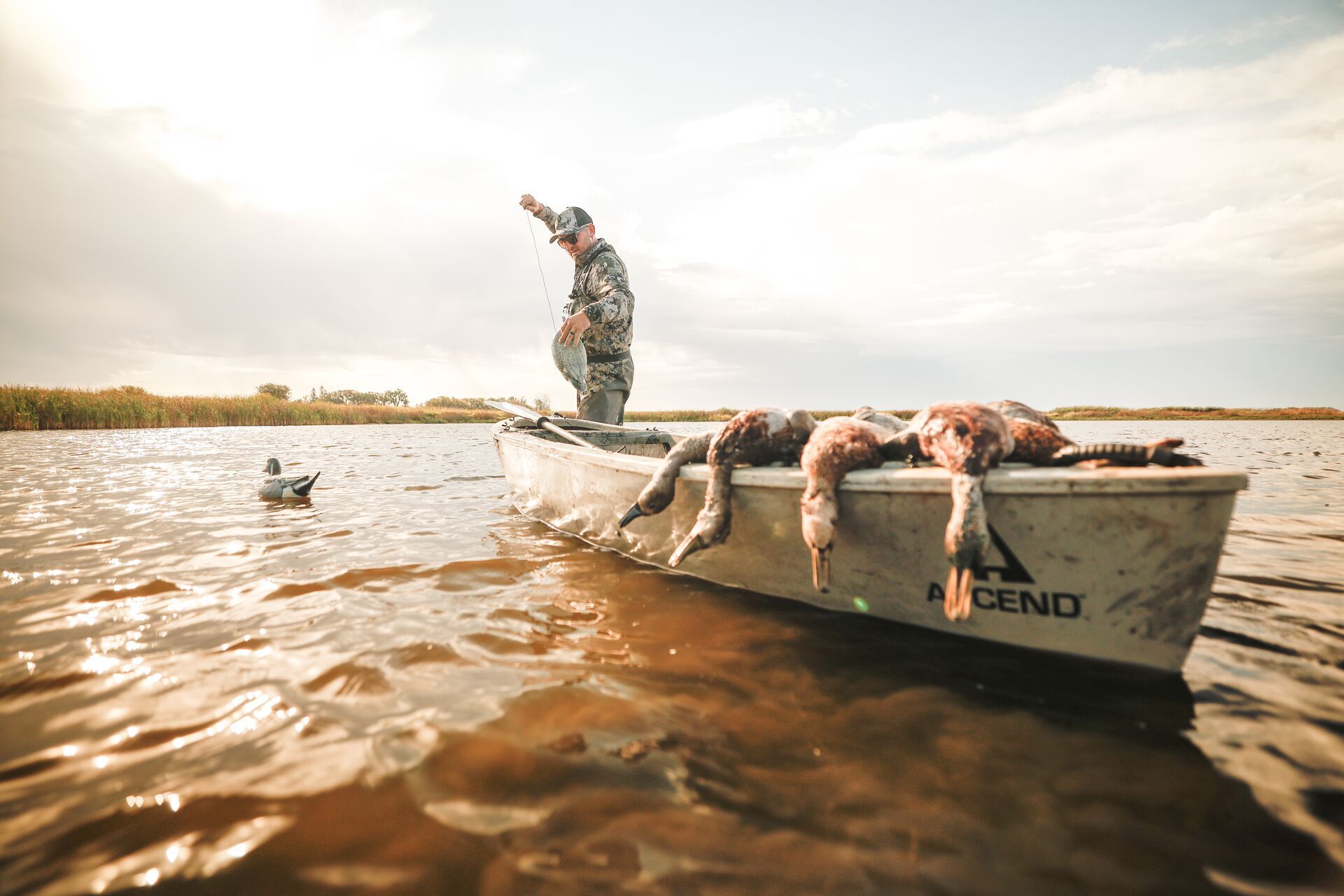 Hunter with waterfowl in canoe after hunt, understanding flyways for waterfowl concept. 