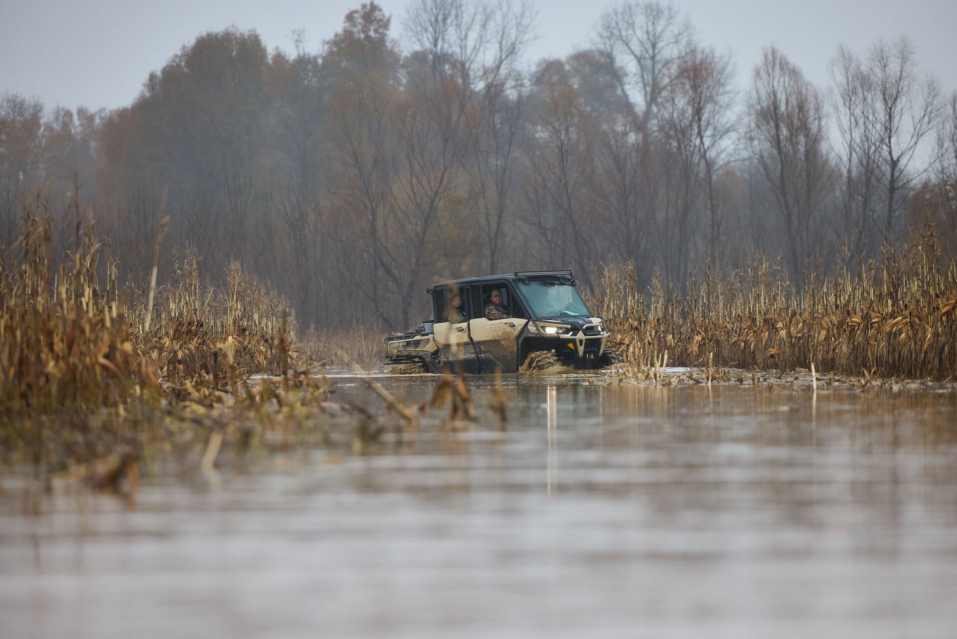 Hunters drive an ATV through water and reeds of waterfowl habitat.