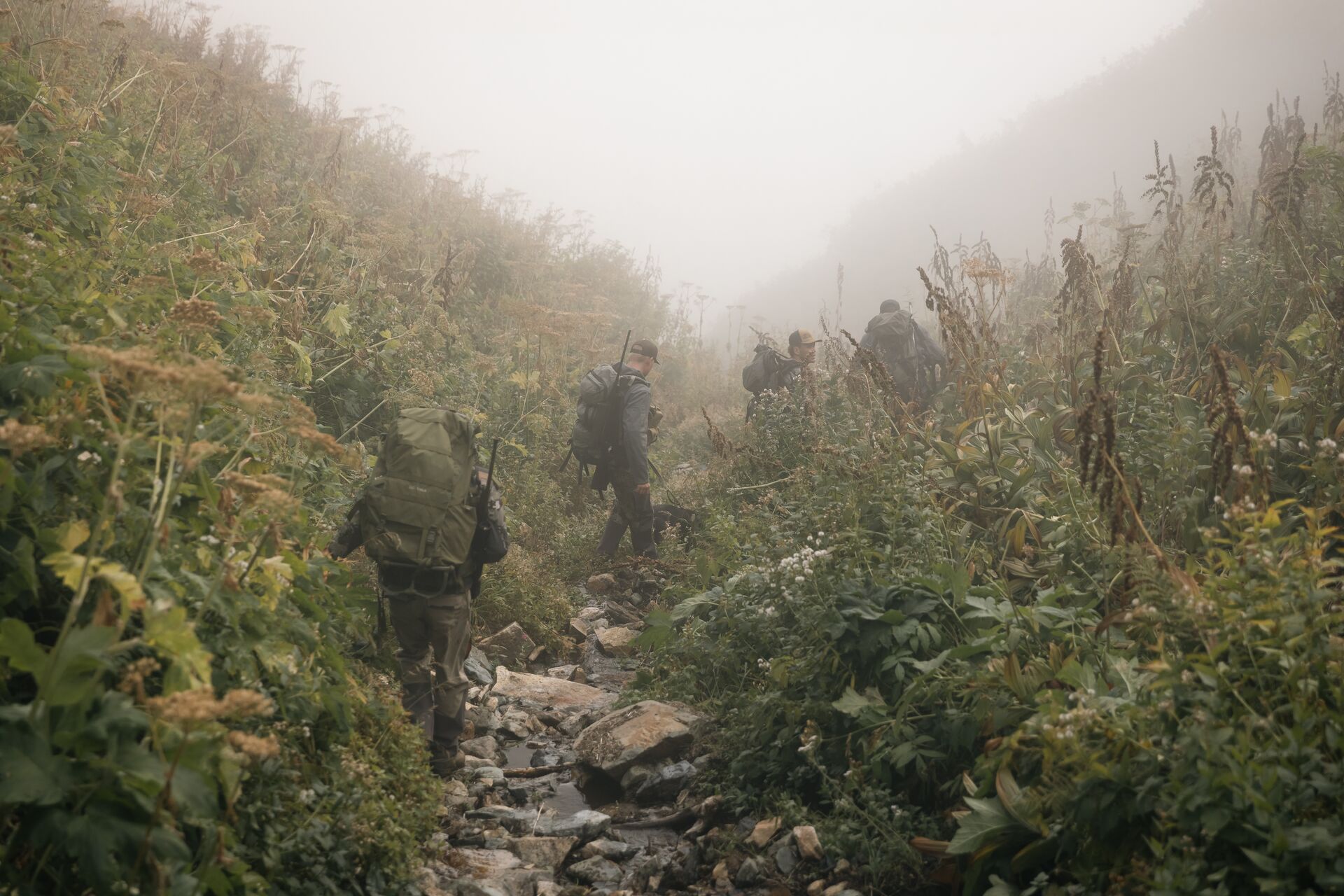 Hunters walking along creek for hunt, best times for brown bear hunting concept. 