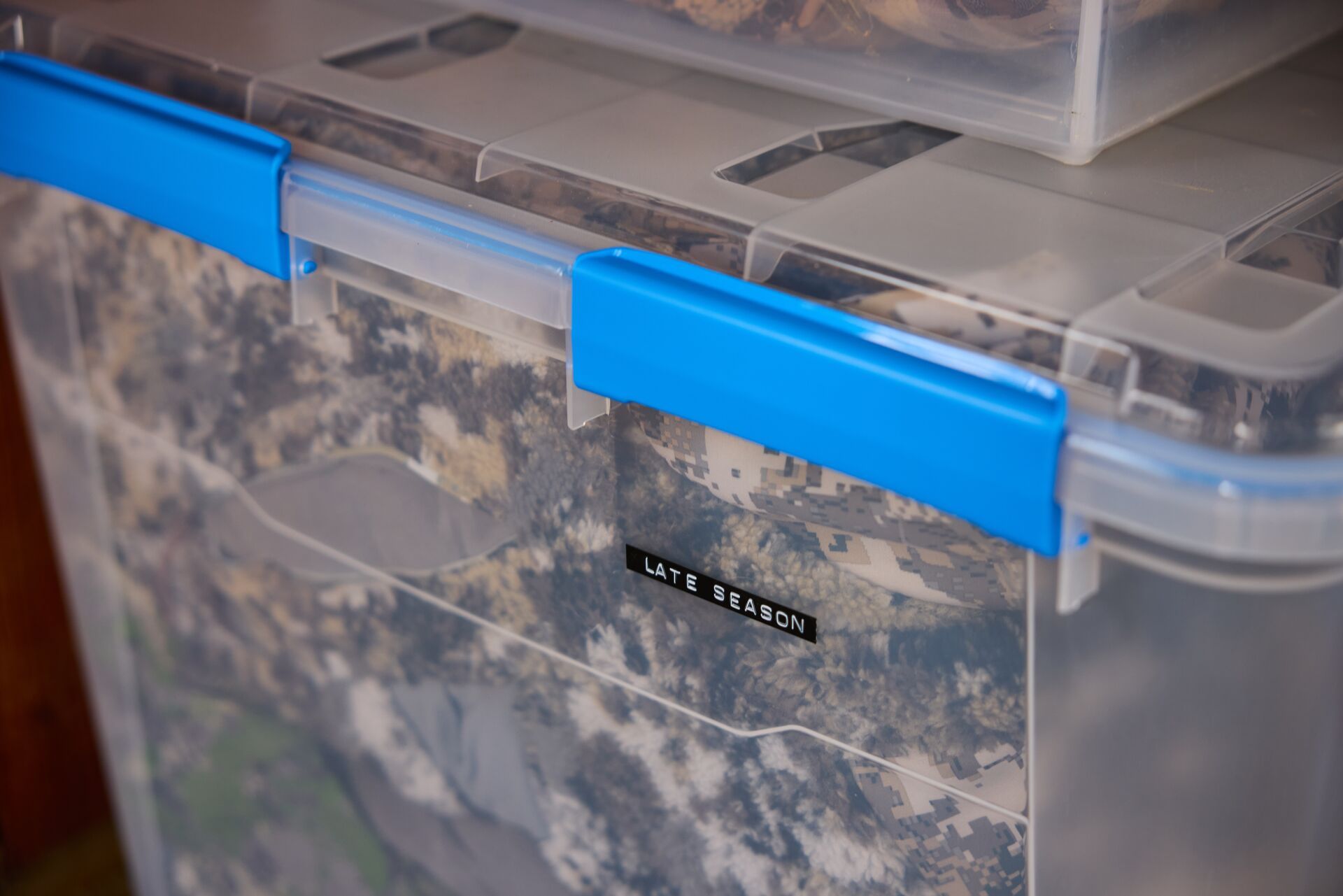 A label on a hunting gear storage container. 