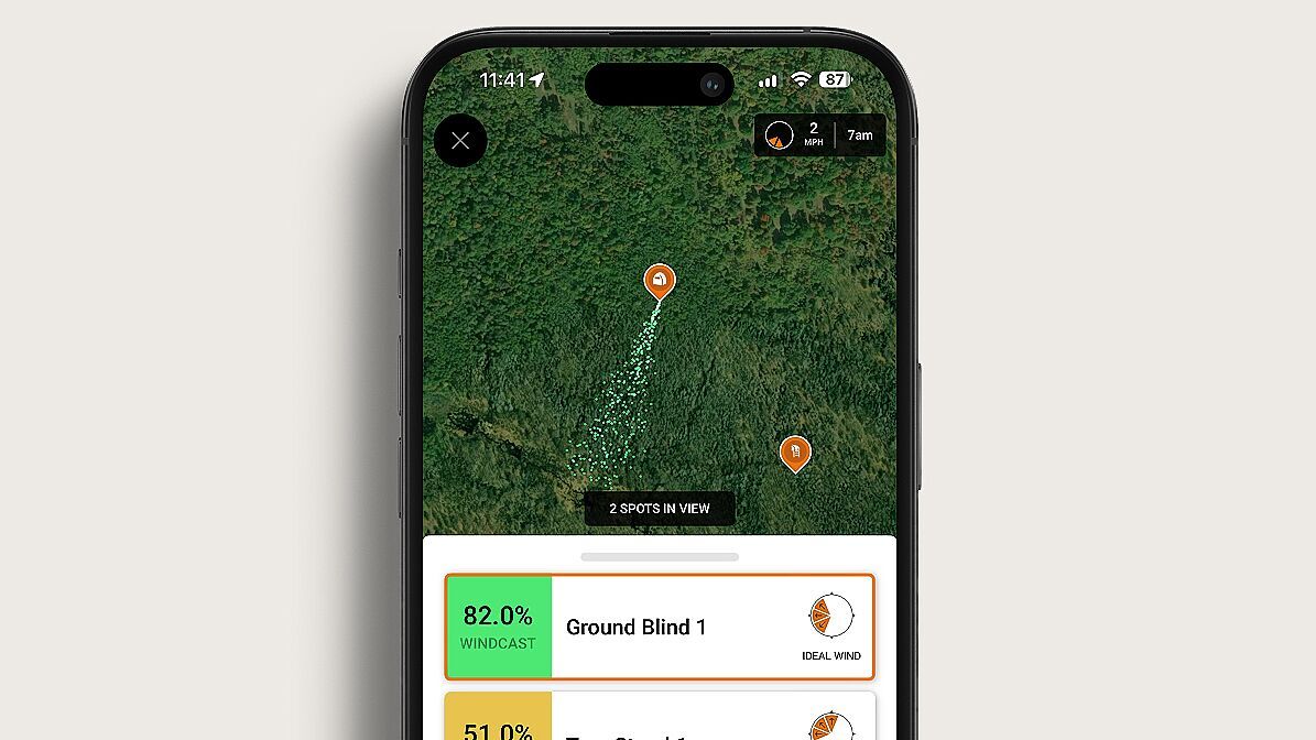 Illustration of WindCast on phone screen, wind direction deer hunting concept. 