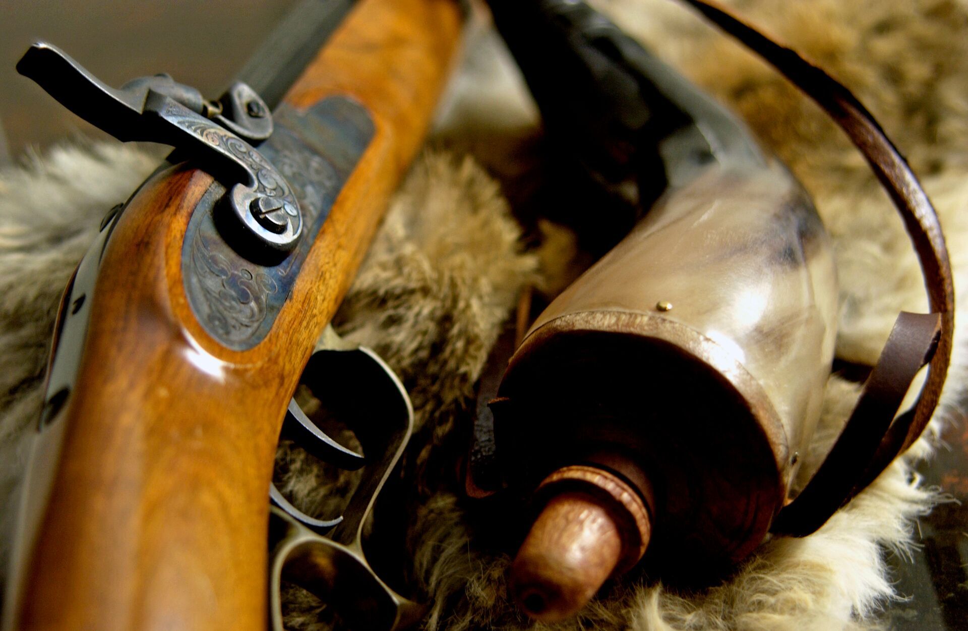 Close-up of a muzzleloader and accessory, Michigan muzzleloader season concept. 