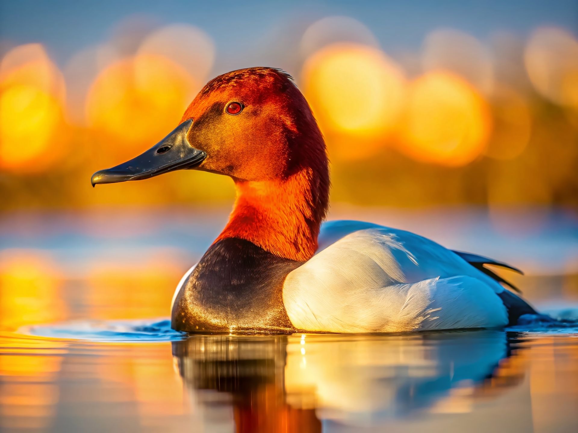 Redhead duck floats on the water. 