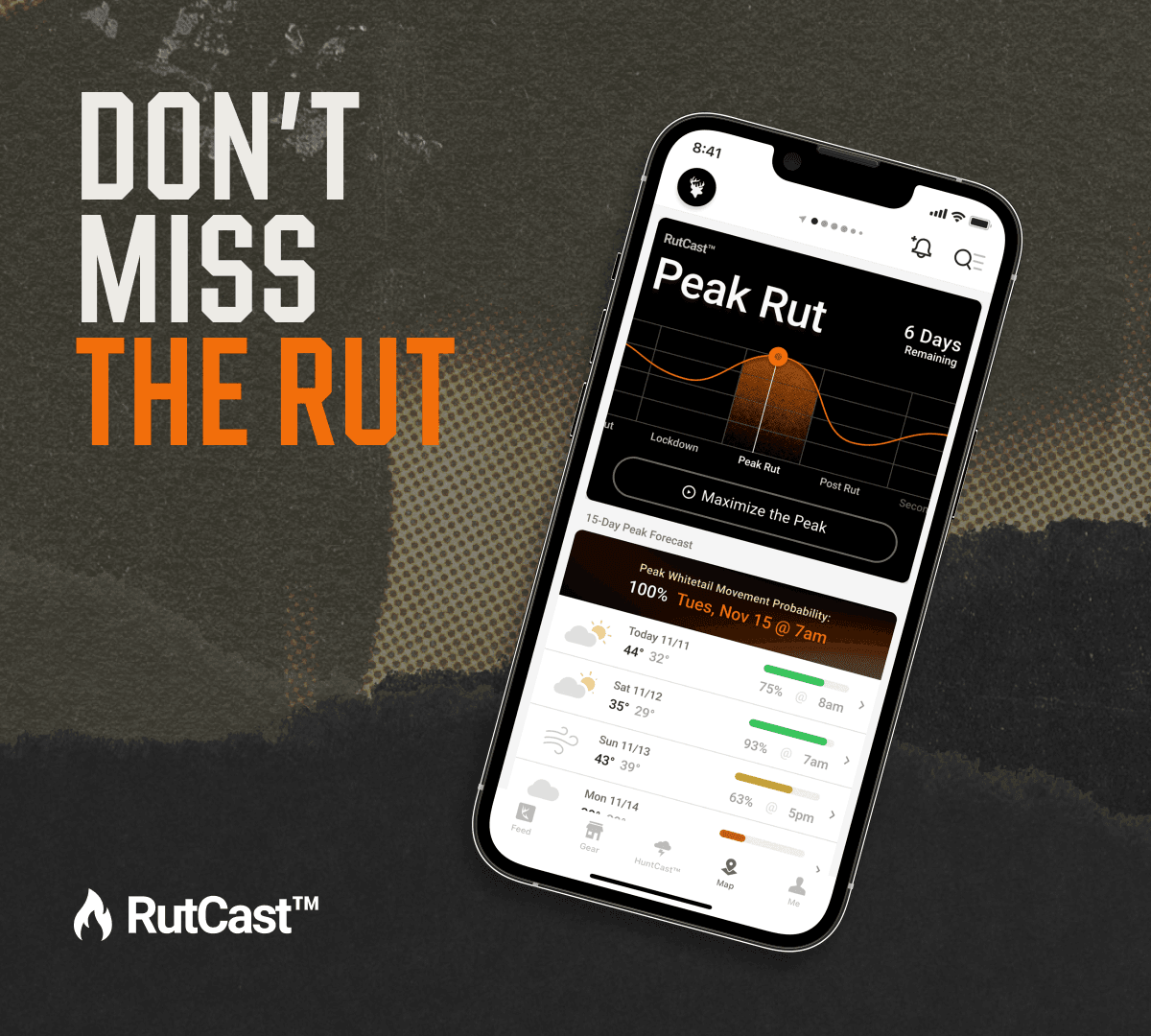 A graphic with text "Don't Miss the Rut" for rut forecasting. 