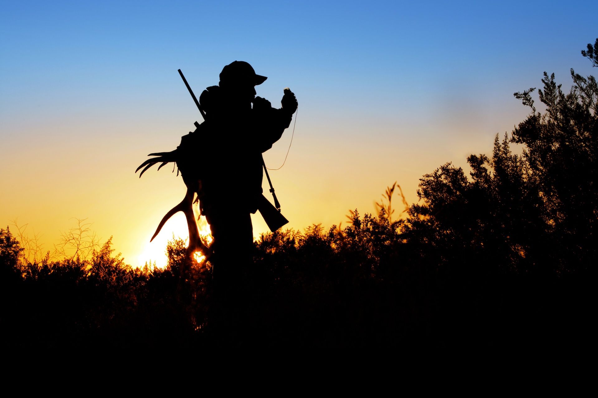 Silhouette of a hunter with elk bugle and antlers, Montana elk season concept.