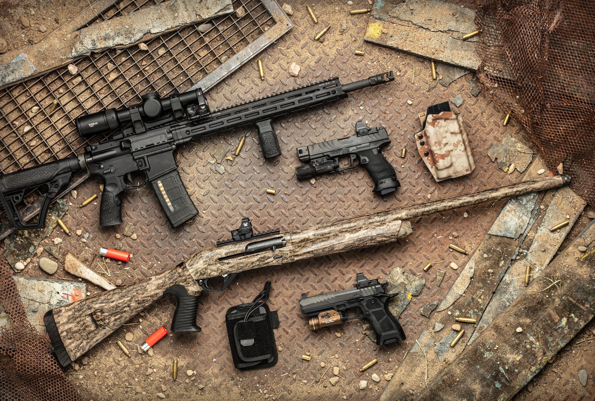 Various firearms on a table, dry fire drills concept. 