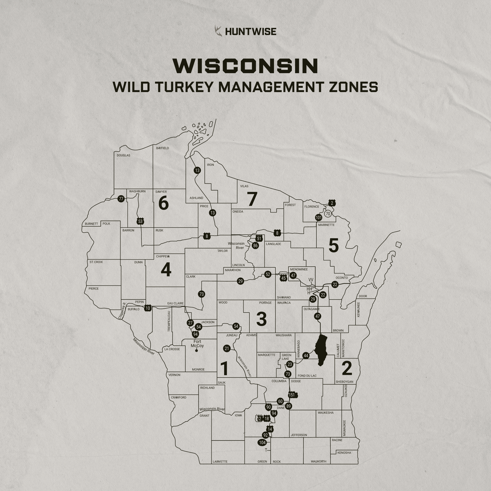 Infographic showing the Wisconsin turkey management zones.