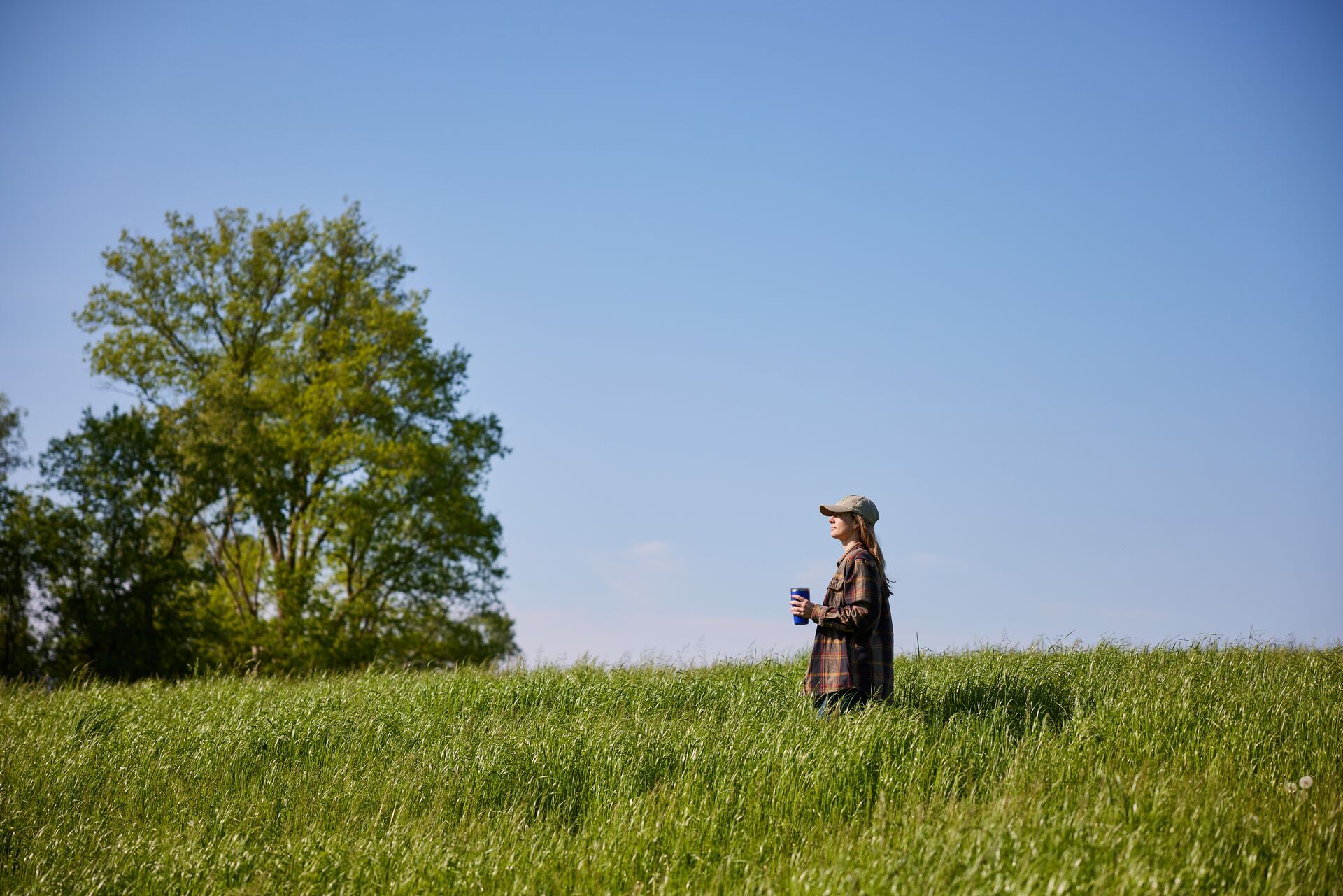 Woman standing in tall grass near a tree, deer tick protection concept.