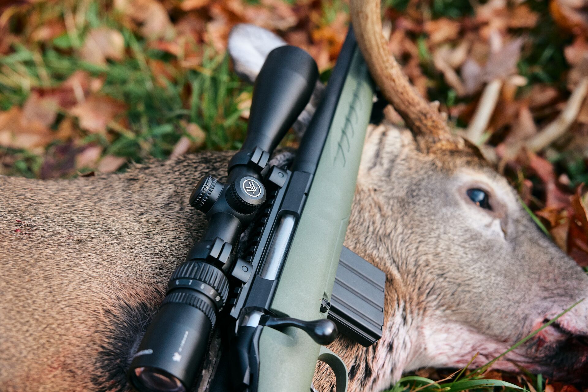 A rifle and scope lay on a deer on the ground after a kill shot, deer season Virginia concept. 