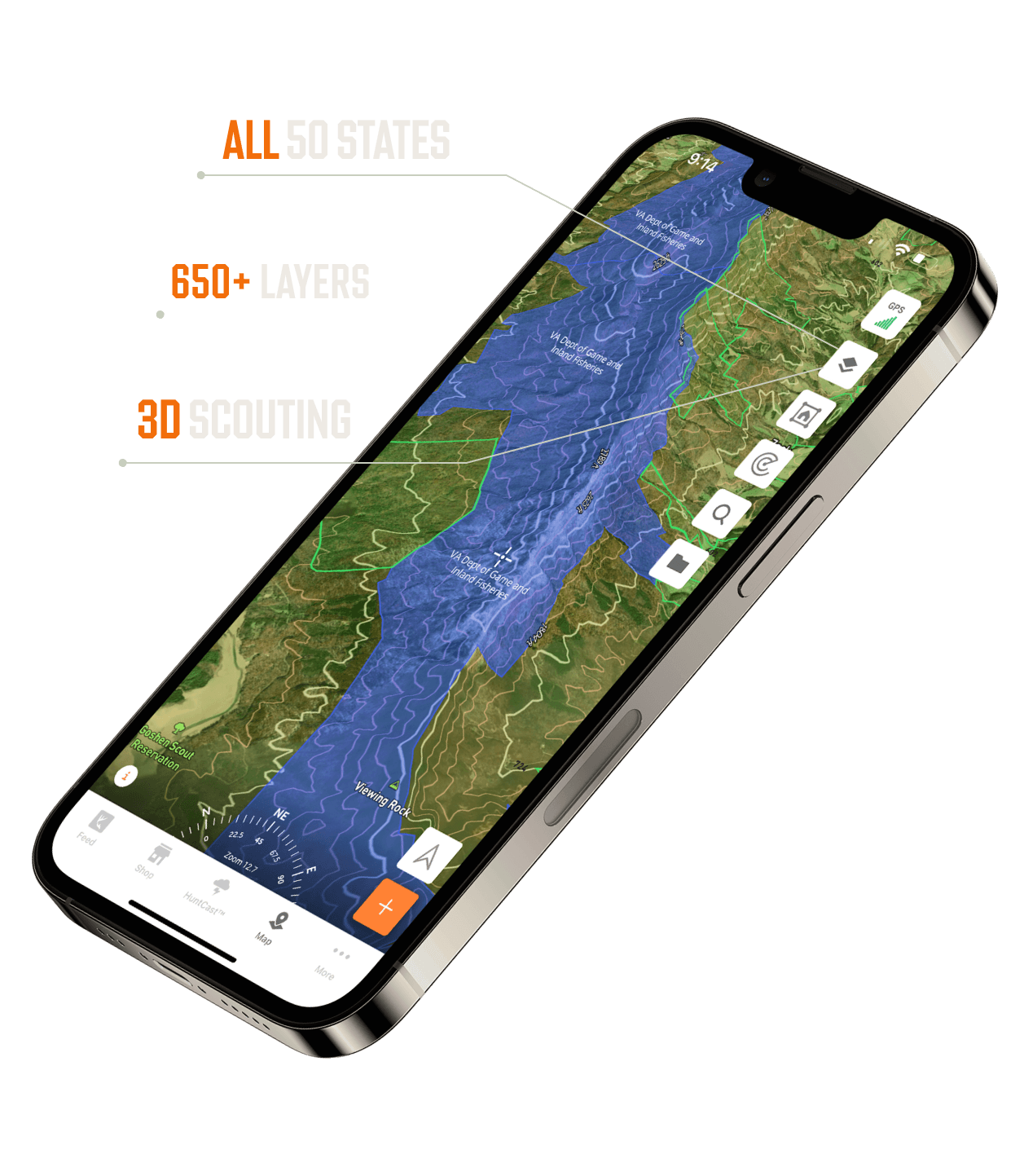 Image of the HuntWise app showing map layers and 3D e-scouting, find big bucks on public land concept. 