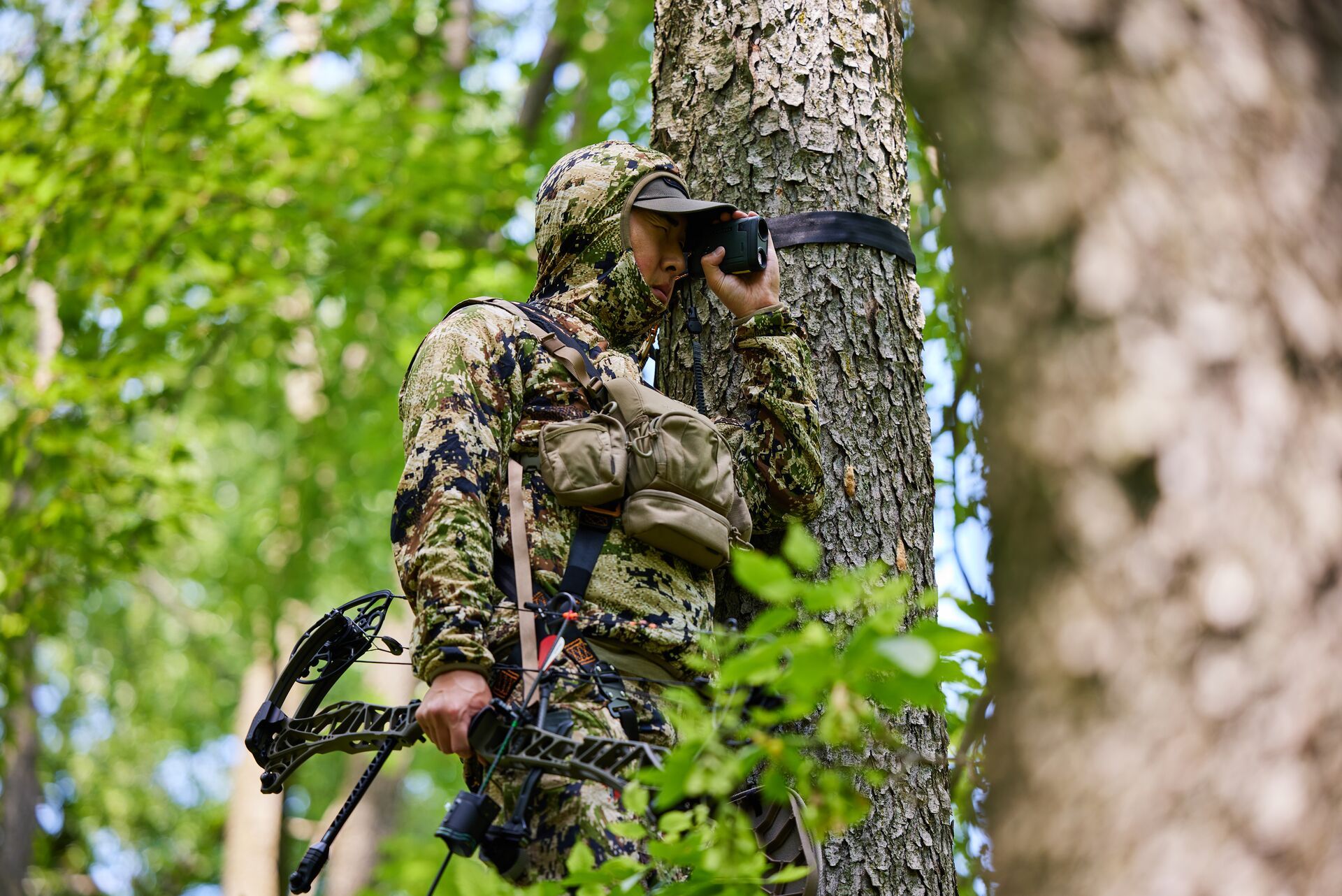 A hunter in camo in a tree stand holding a bow using a scope, hunting deer concept. 