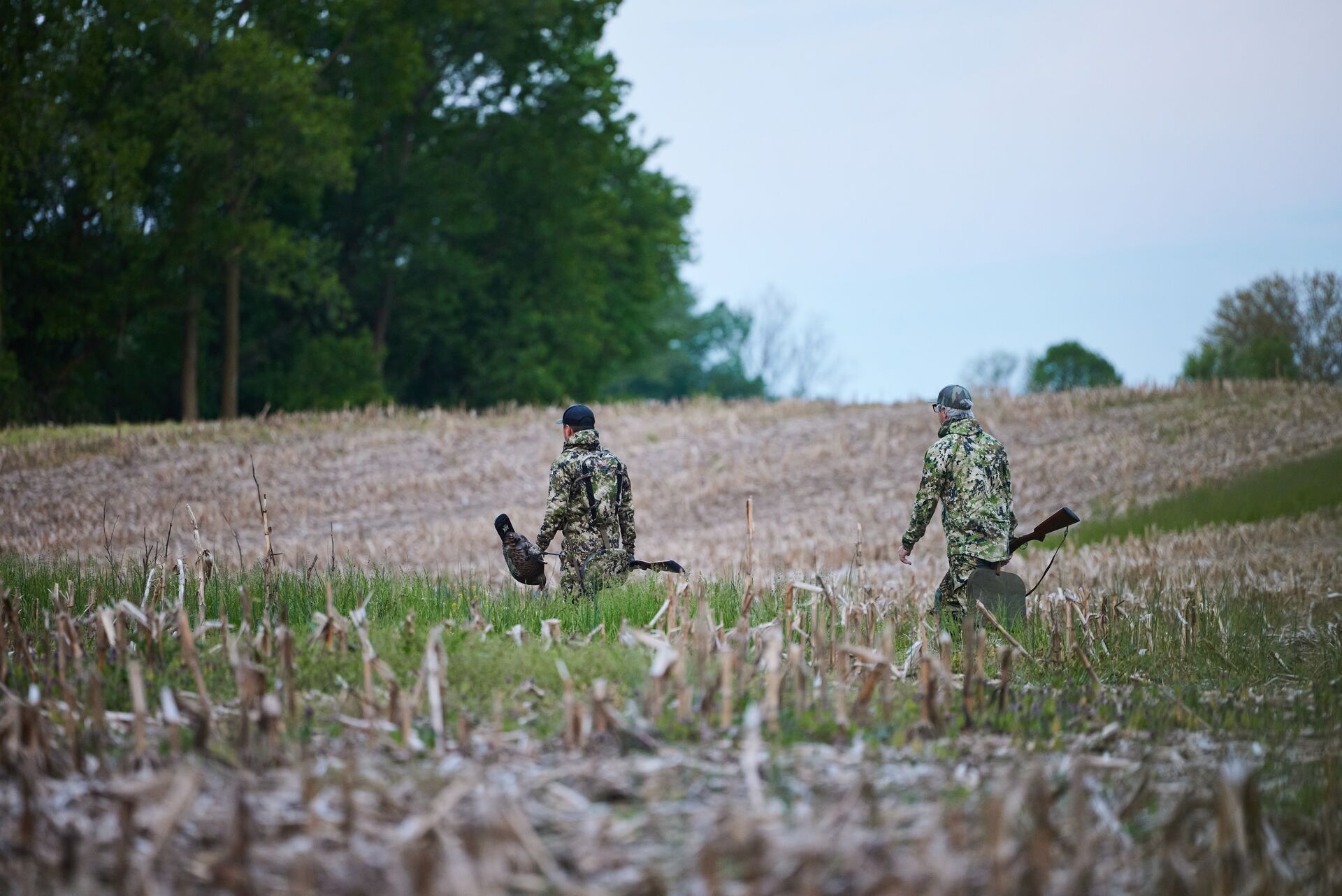 Two hunters in camo with a turkey decoy in a field, find turkeys with HuntWise concept.