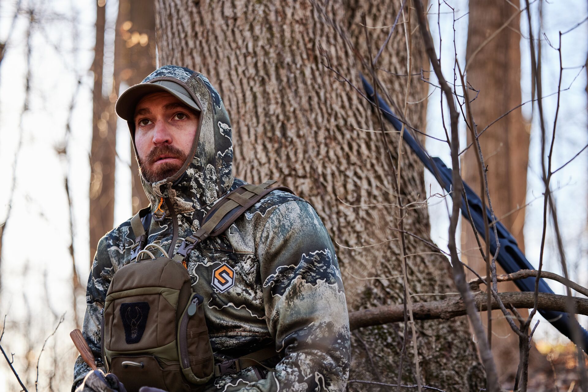 HuntWise staffer Troy Boehm on a turkey hunt, best hunting binoculars concept. 