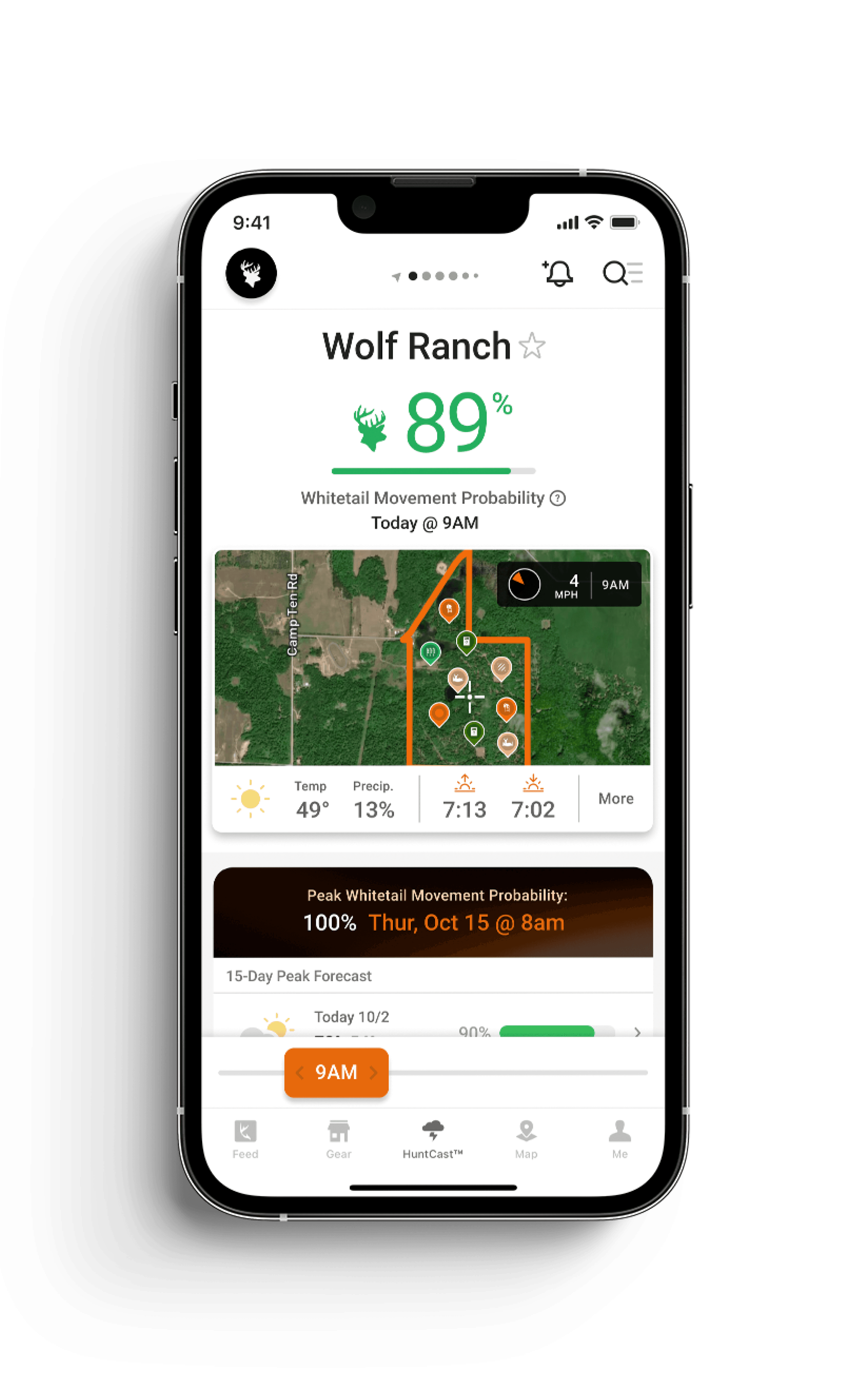 Image of the HuntWise app on a phone screen, tracking barometric pressure for whitetail hunting concept. 